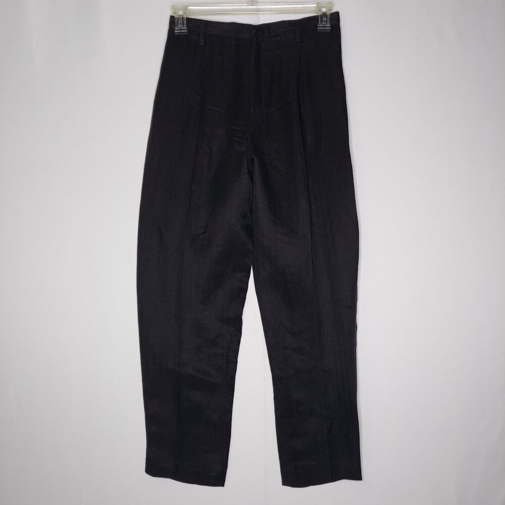 Ellen Tracy 90s Black Herringbone Pants Women 12P Linen Hi-Rise Pleated Pockets